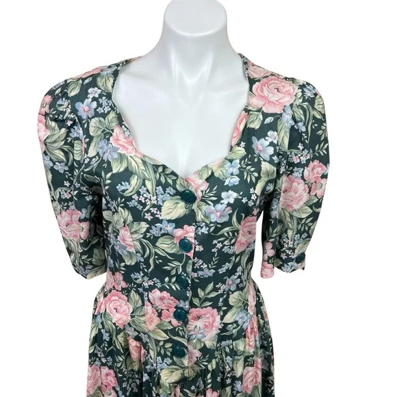 E.D. Michaels by Melanie Drucker Vintage Floral Midi Dress Green Pink 80s - Picture 6 of 9